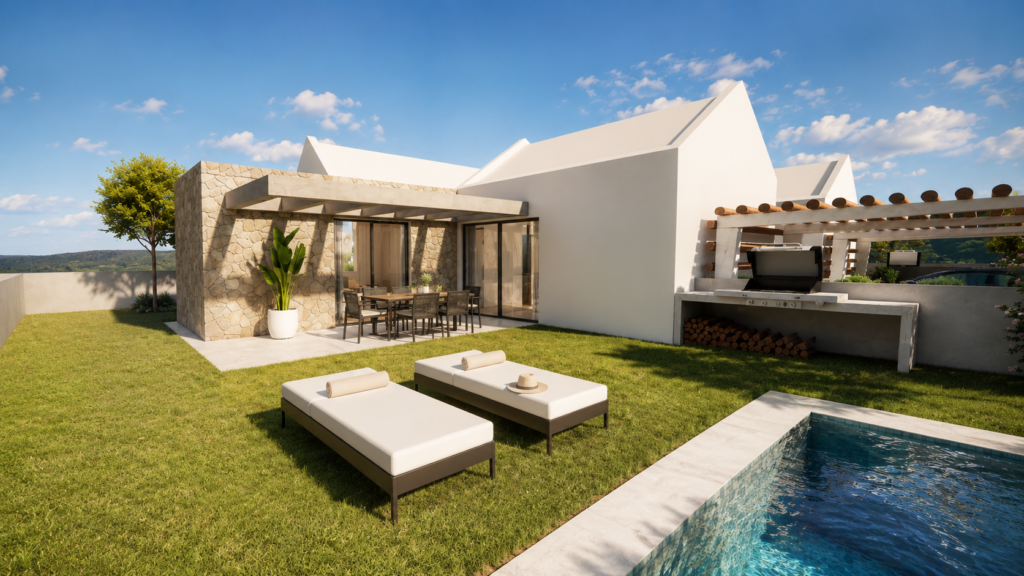 Urbanización Tajinaste | Casas con jardín en Valsequillo Patio mediterráneo con piscina y barbacoa